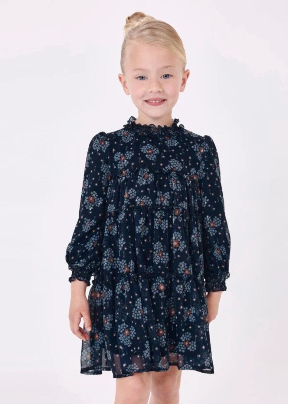 Mayoral Girls' Printed Chiffon Long Sleeve High Neck Tiered Dress Navy Blue 7